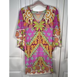 TRINA TURK Top Pink Colorful Floral Stretch Kimono Sleeve Boho Tunic Sz S￼